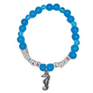 Ocean Life seahorse charm stretch bracelet glass 8mm blue handmade